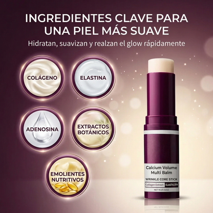 Bálsamo en barra para aumentar el volumen con calcio, marca My Store, con textura cremosa y envase compacto visible en la imagen.