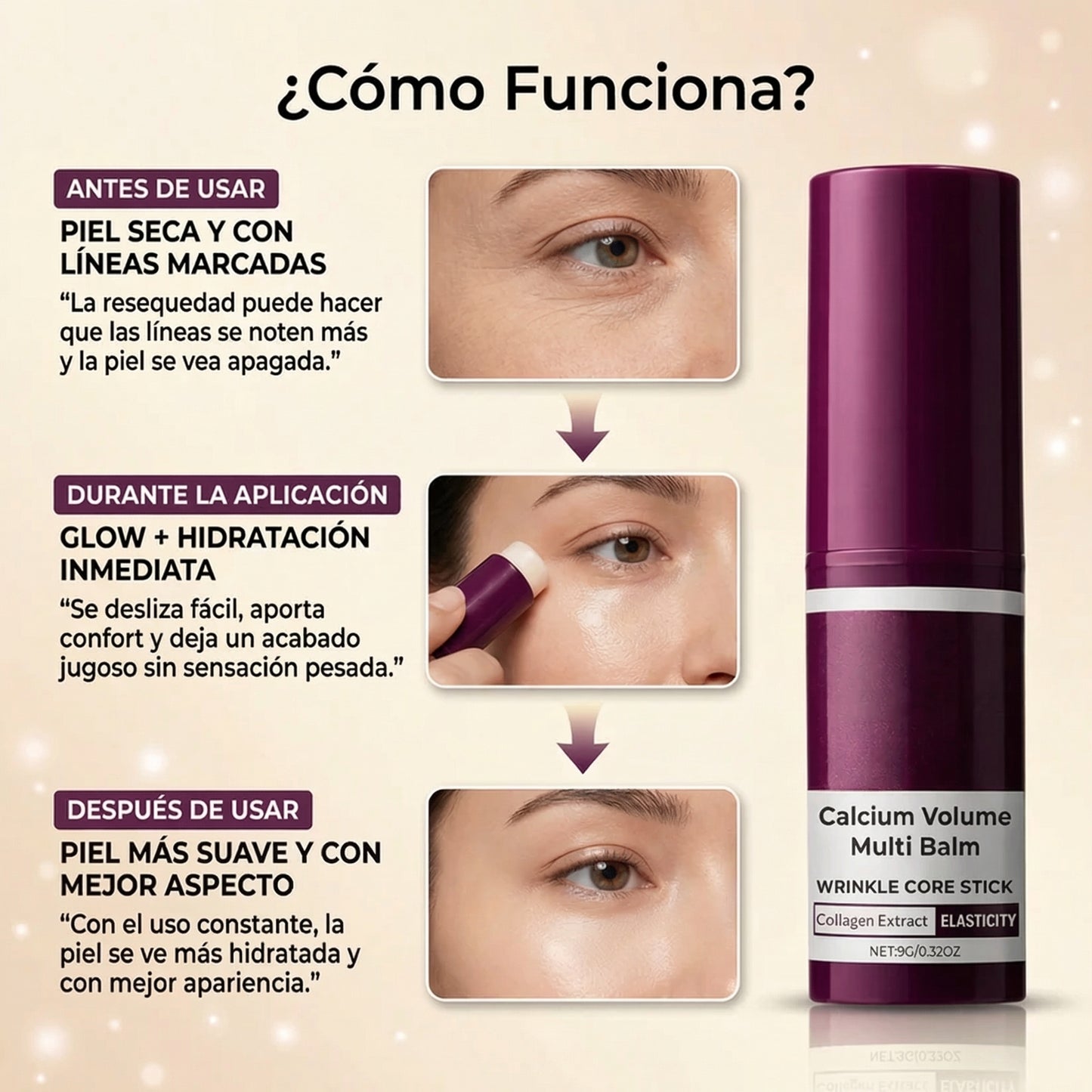 Bálsamo en barra para aumentar el volumen de calcio, con textura visible y envase compacto, de la marca My Store.