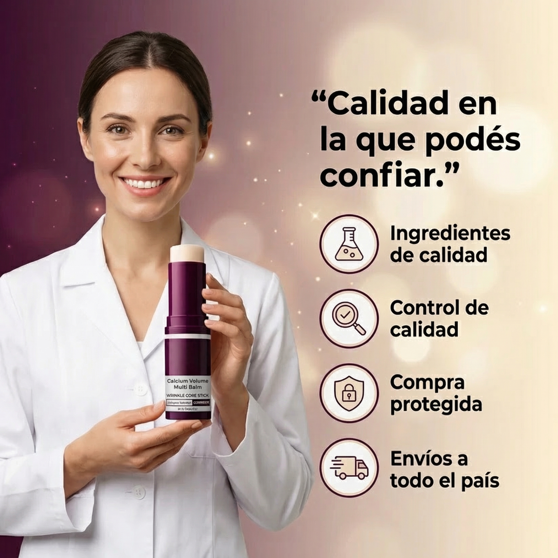 Bálsamo en barra para aumentar el volumen de calcio, de la marca My Store, mostrado en su envase y textura sólida.