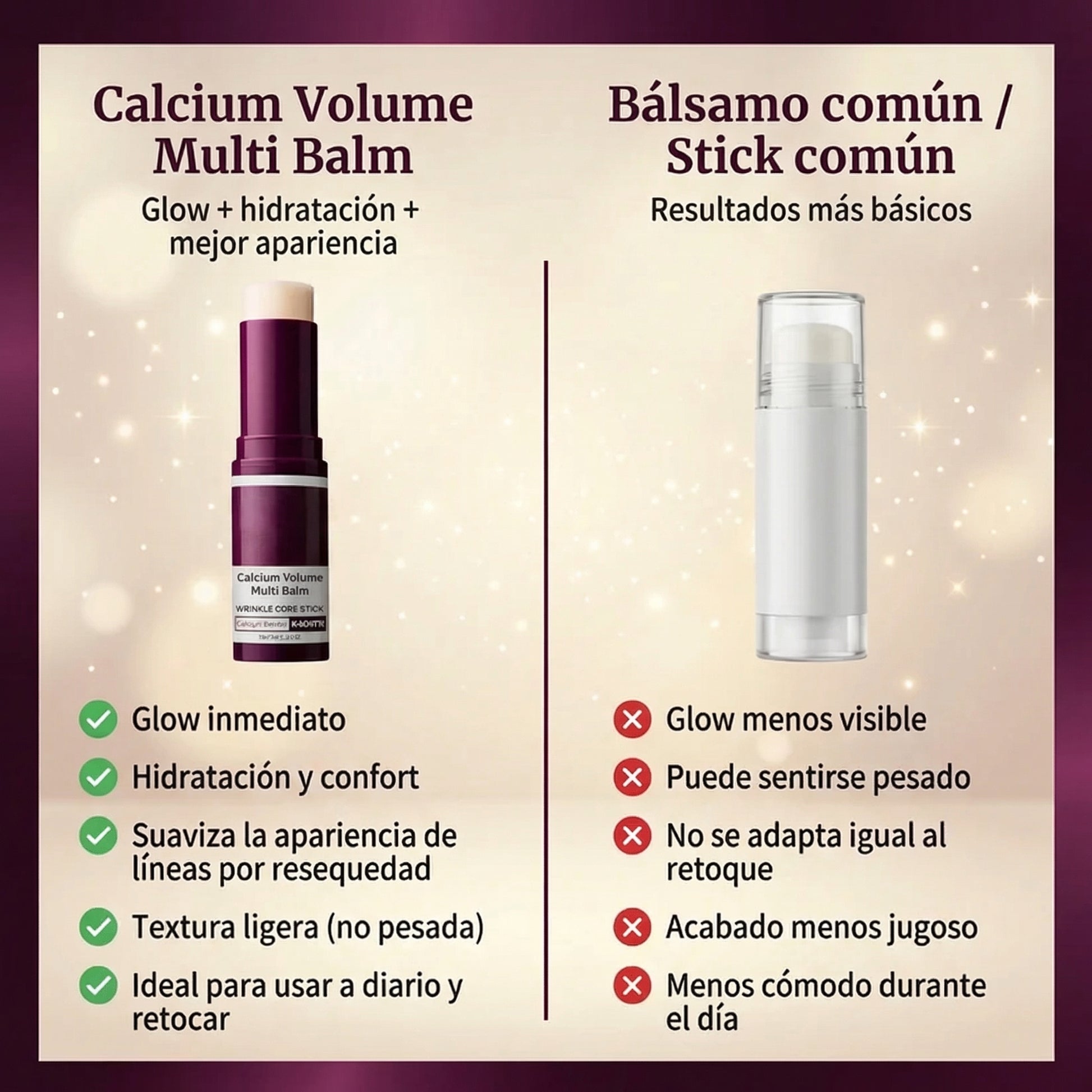 Bálsamo en barra para aumentar el volumen de calcio, en envase compacto, con textura cremosa y color blanco.