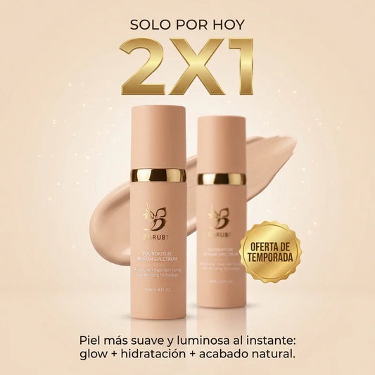 Base 4 en 1 de Glowra Woman, BARUBT, con textura suave y tono que se adapta a la piel, en envase rectangular.